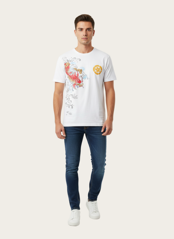 Man wearing a white t-shirt with colorful graphics and blue jeans on a white background
