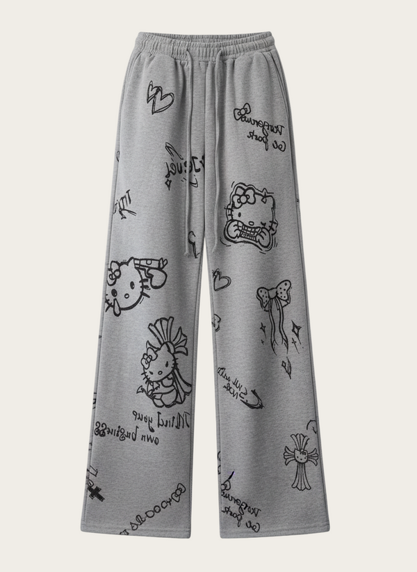 Gray sweatpants with black cartoon designs on a white background