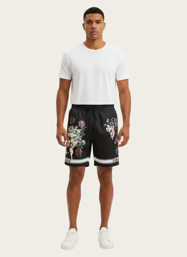 Regal Cherub Floral Japanese Shorts – Elegant Street Style with a Luxe Touch