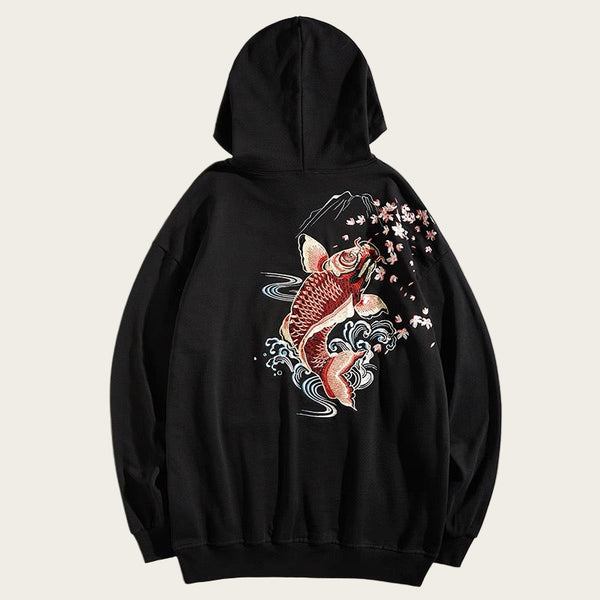 Black hoodie with a koi fish design on the back against a white background
