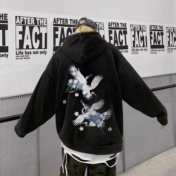 Embroidered Elegant Wind Crane Japanese Hoodie
