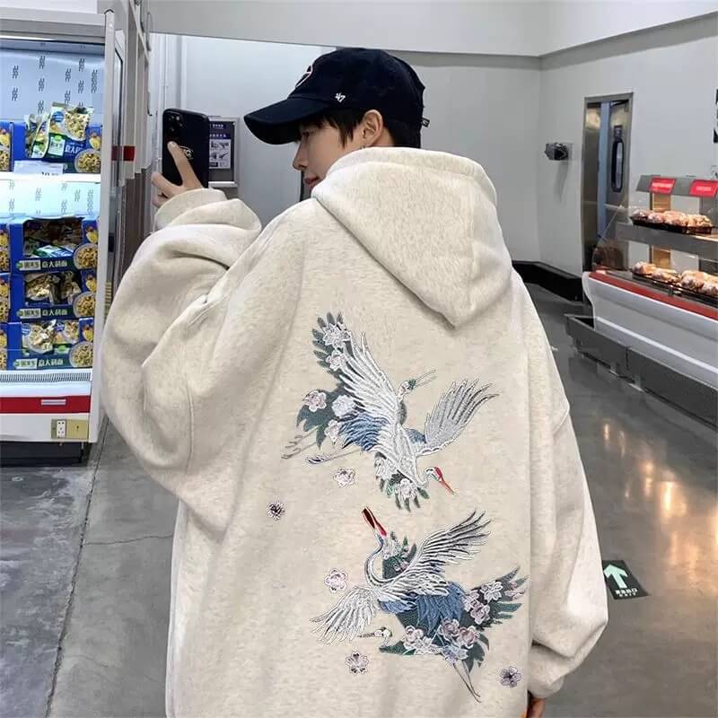 Embroidered Elegant Wind Crane Japanese Hoodie