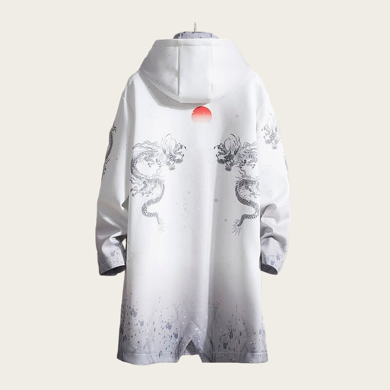 White garment with dragon designs on a stone wall background