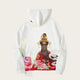 White hoodie with a colorful graphic design of a woman in a traditional outfit on a white background
