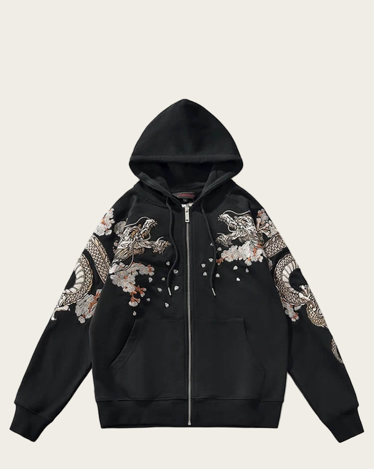 Black hoodie with dragon embroidery on a white background