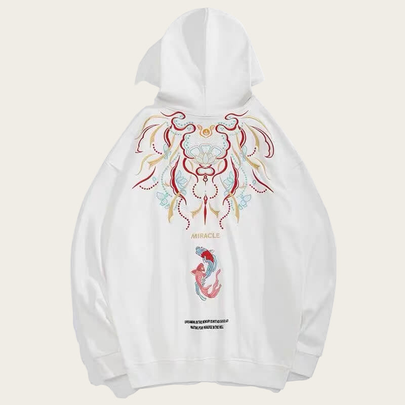 White hoodie with colorful graphic design on a white background