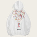 White hoodie with colorful graphic design on a white background