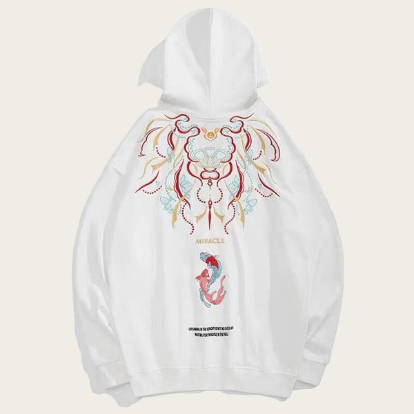 White hoodie with colorful graphic design on a white background