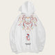 White hoodie with colorful graphic design on a white background