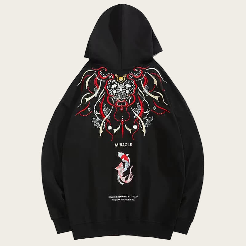 Black hoodie with intricate red and white design on a white background