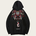 Black hoodie with intricate red and white design on a white background