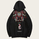 Black hoodie with intricate red and white design on a white background