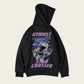 Black hoodie with astronaut graphic and 'UTMOST Star Crossed' text on a white background