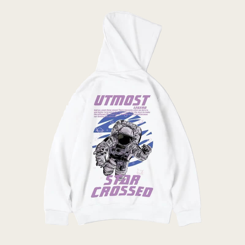 White hoodie with an astronaut graphic and 'UTMOST' branding on a white background