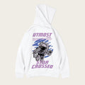 White hoodie with an astronaut graphic and 'UTMOST' branding on a white background