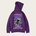 Purple hoodie with astronaut graphic and 'UTMOST' branding on a white background