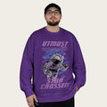 Man wearing a purple sweatshirt with an astronaut graphic and 'UTMOST Star Crossed' text.