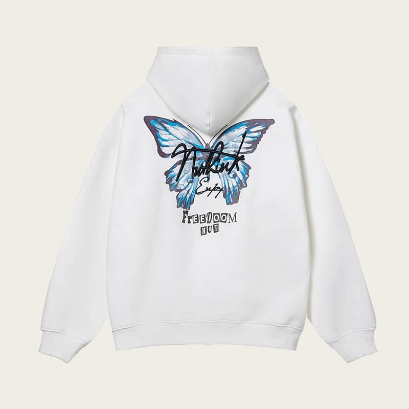 White hoodie with blue butterfly graphic and text on a white background