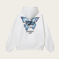 White hoodie with blue butterfly graphic and text on a white background
