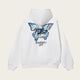 White hoodie with blue butterfly graphic and text on a white background