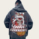 Person wearing a hoodie with a colorful lion dance design on the back.