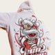 White hoodie with a colorful lion dance design on a blurred background