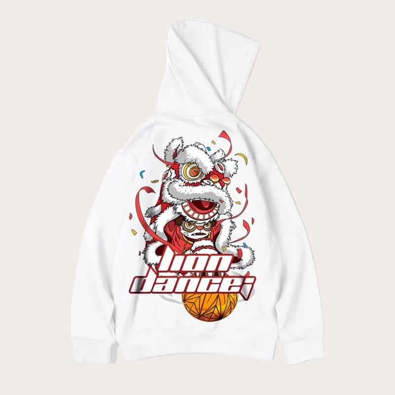 White hoodie with a dragon and basketball design on a white background