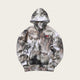 Camouflage hoodie with a brand logo on a white background