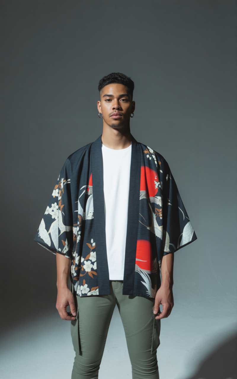 Elegant Black Crane & Blossom Kimono Jacket