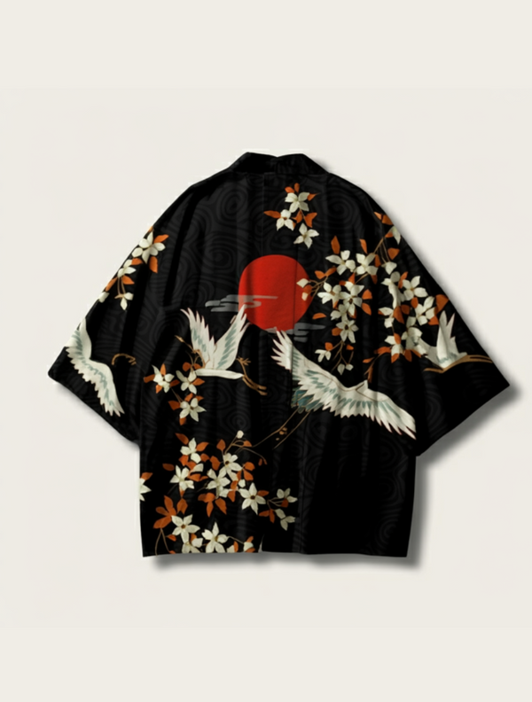 Elegant Black Crane & Blossom Kimono Jacket