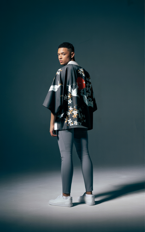 Elegant Black Crane & Blossom Kimono Jacket