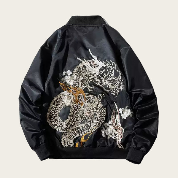 Black jacket with dragon embroidery on a white background