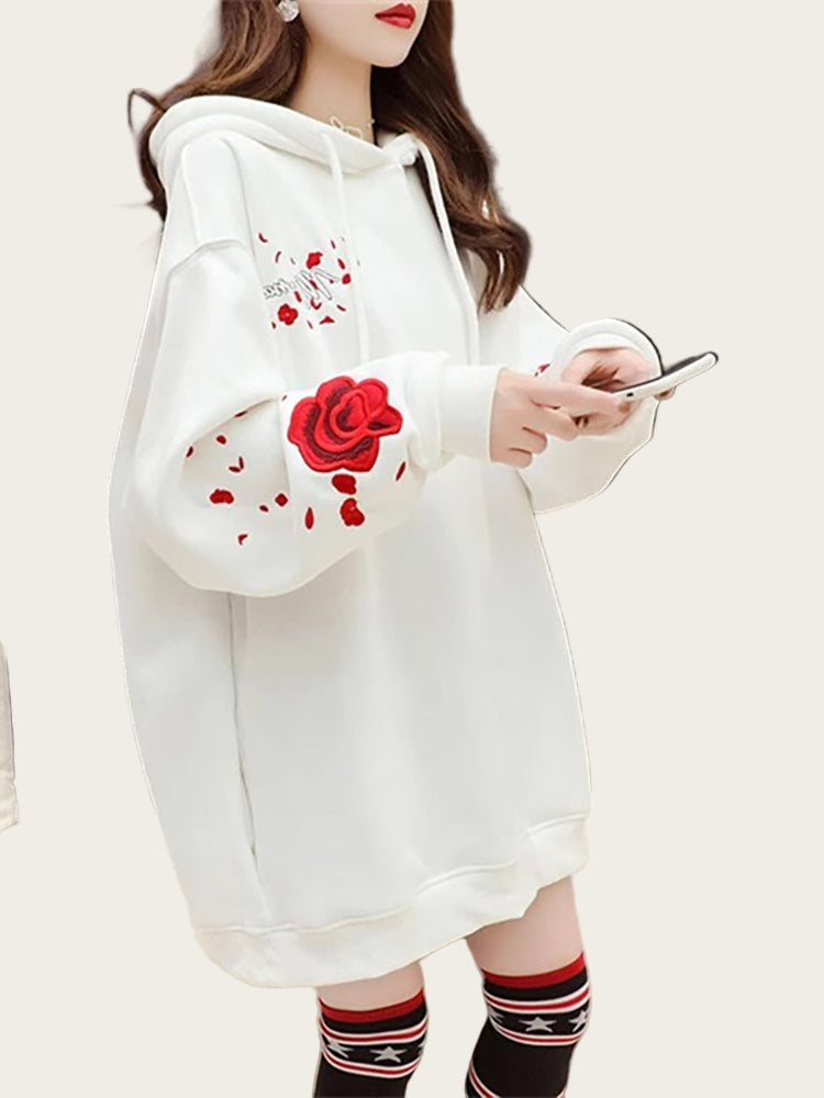 White hoodie with red rose design 