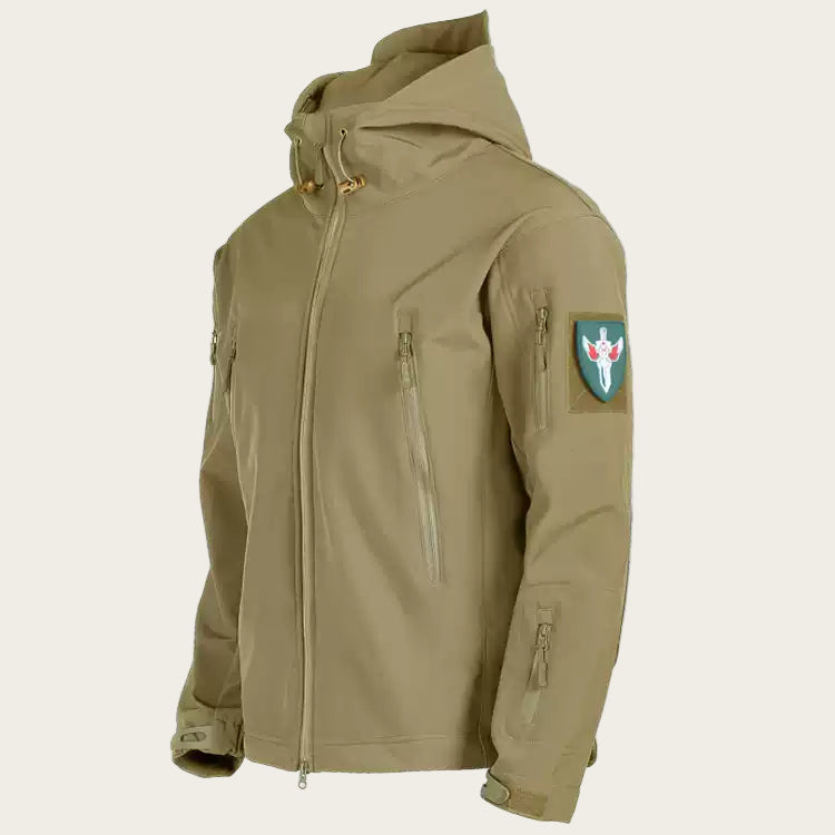 Khaki jacket with a patch on a white background