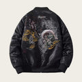 Black jacket with intricate designs and text on a white background