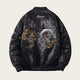 Black jacket with intricate designs and text on a white background