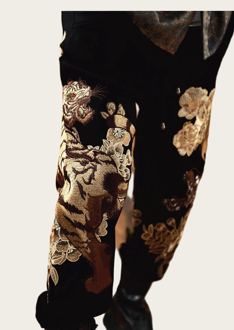 Embroidered fabric with a tiger design