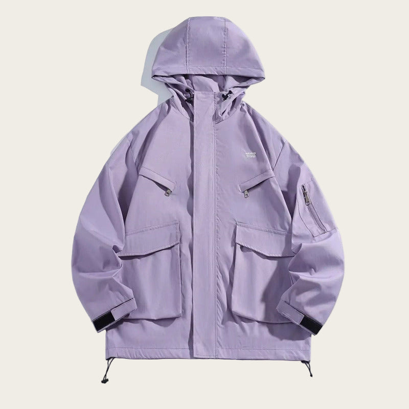 Purple jacket with a hood on a white background