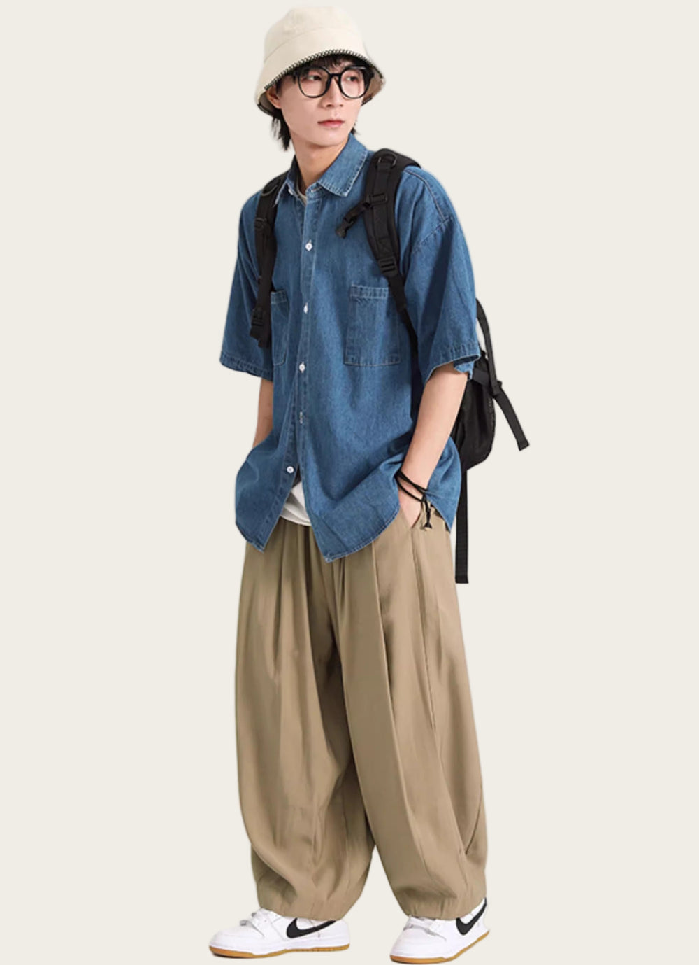 Person wearing a blue shirt, beige pants, and a backpack
