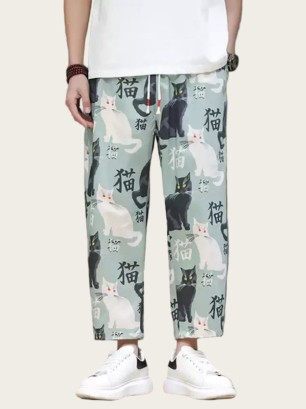 Person wearing pants with cat pattern and Chinese characters on a plain background