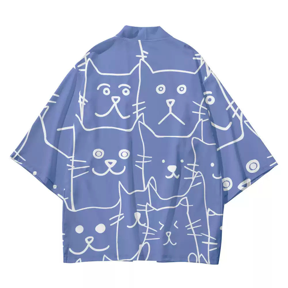 Blue Cat-Doodle Kimono Cardigan – Playful Unisex Layer