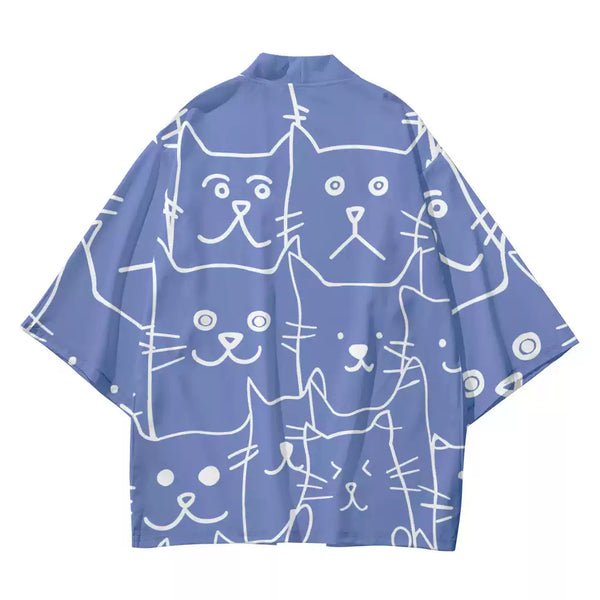 Blue Cat-Doodle Kimono Cardigan – Playful Unisex Layer