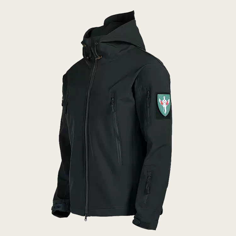 Black tactical jacket with a patch on a white background