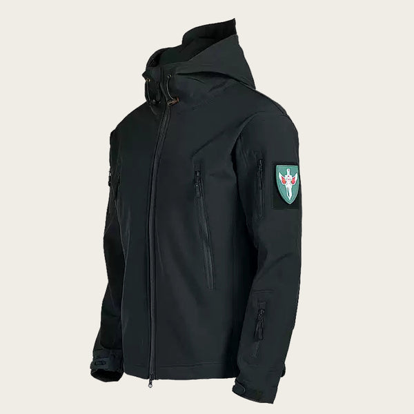 Black tactical jacket with a patch on a white background