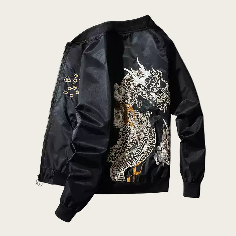 Black jacket with a dragon design on a white background