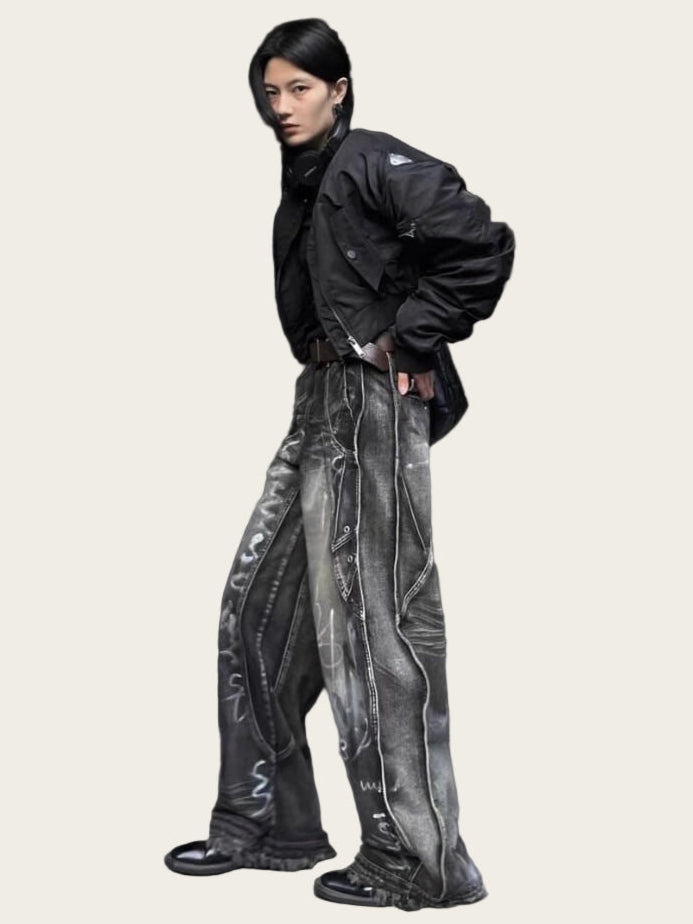 Person wearing a black jacket and gray pants