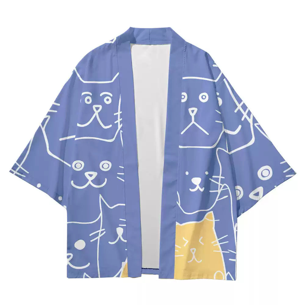 Blue Cat-Doodle Kimono Cardigan – Playful Unisex Layer