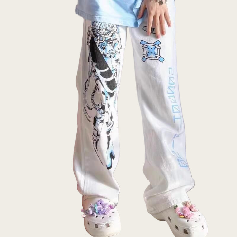 Person wearing white pants with colorful designs