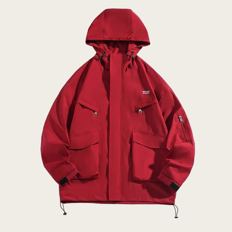 Red jacket with a hood on a white background