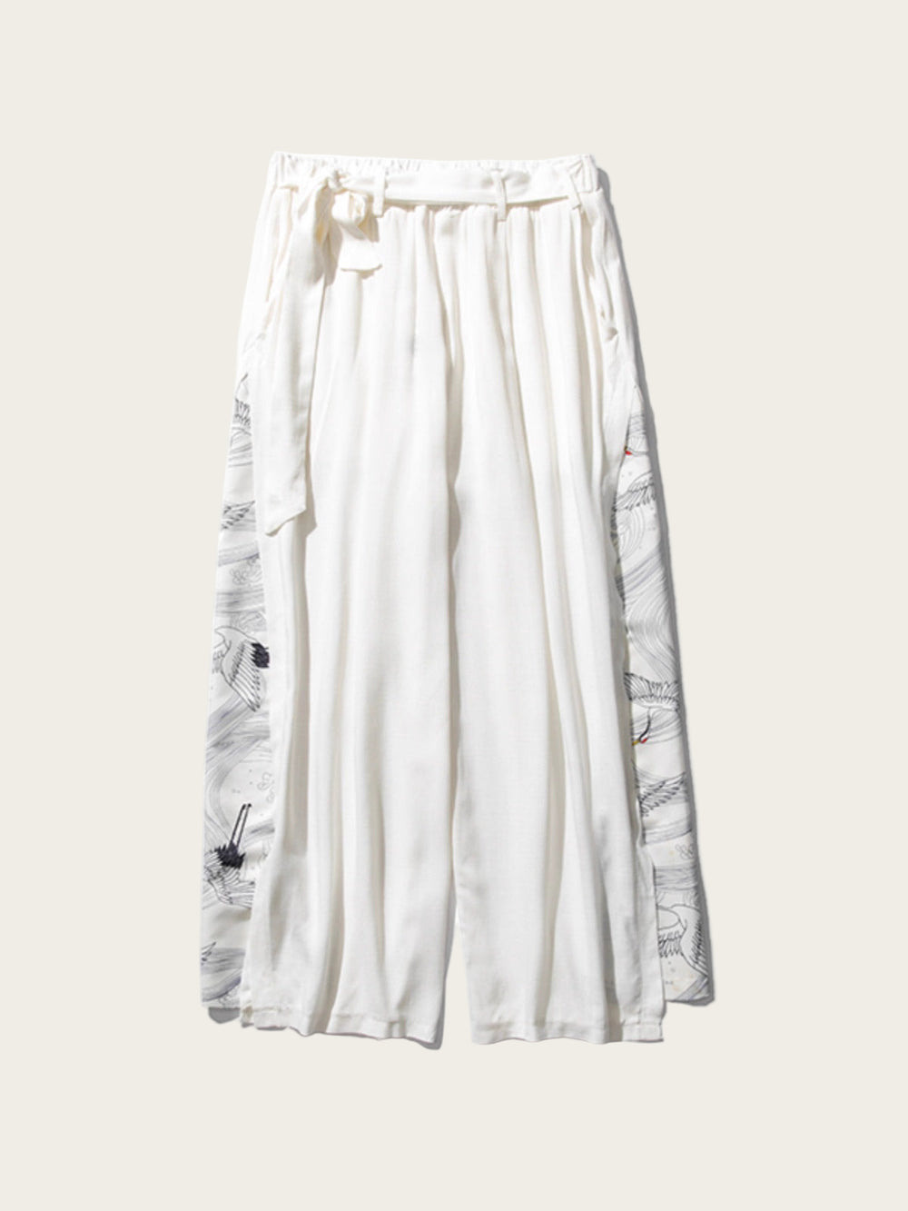 White pants with black patterns on a white background